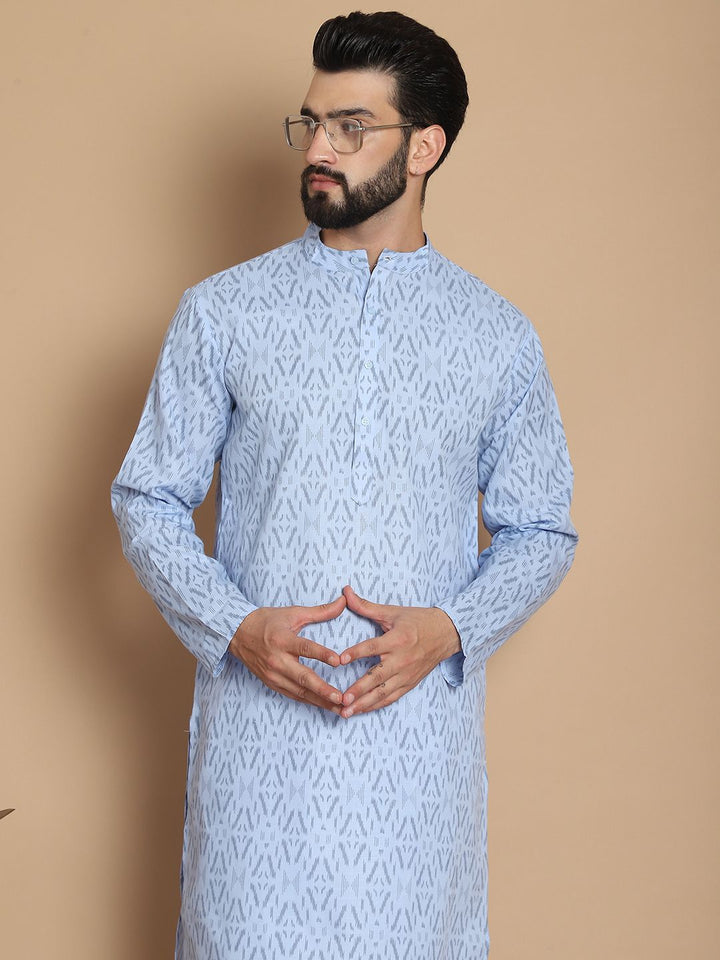 Anouk Blue Ethnic Motifs Printed Mandarin Collar Pure Cotton Straight Kurta