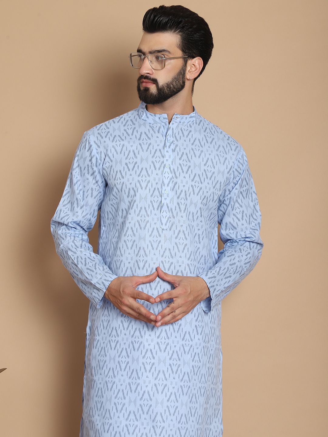 Anouk Blue Ethnic Motifs Printed Mandarin Collar Pure Cotton Straight Kurta