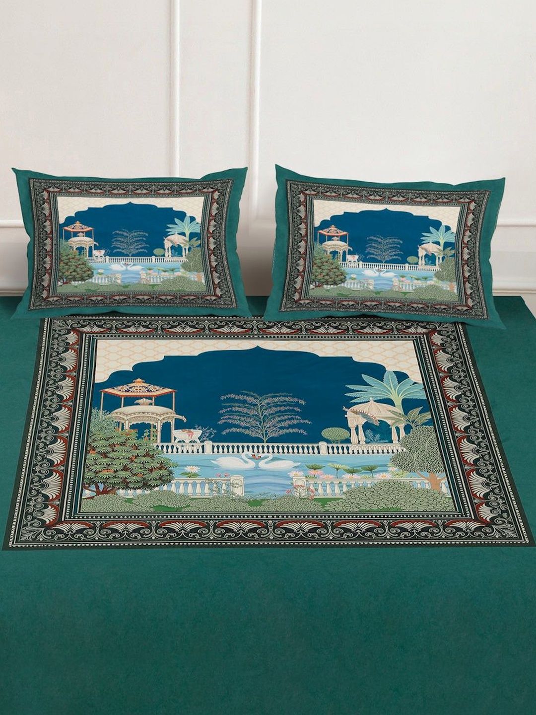 KLOTTHE Green & Blue Ethanic Motifs Printed Flat 300 TC King Bedsheet With 2 Pillow Cover