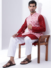 Anouk Men Sulam Kurta Kapas Tulen dengan Piyama & jaket Nehru