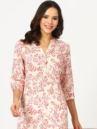 W Beige Floral Printed Mandarin Collar Three-Quarter Sleeves Regular Straight Kurta