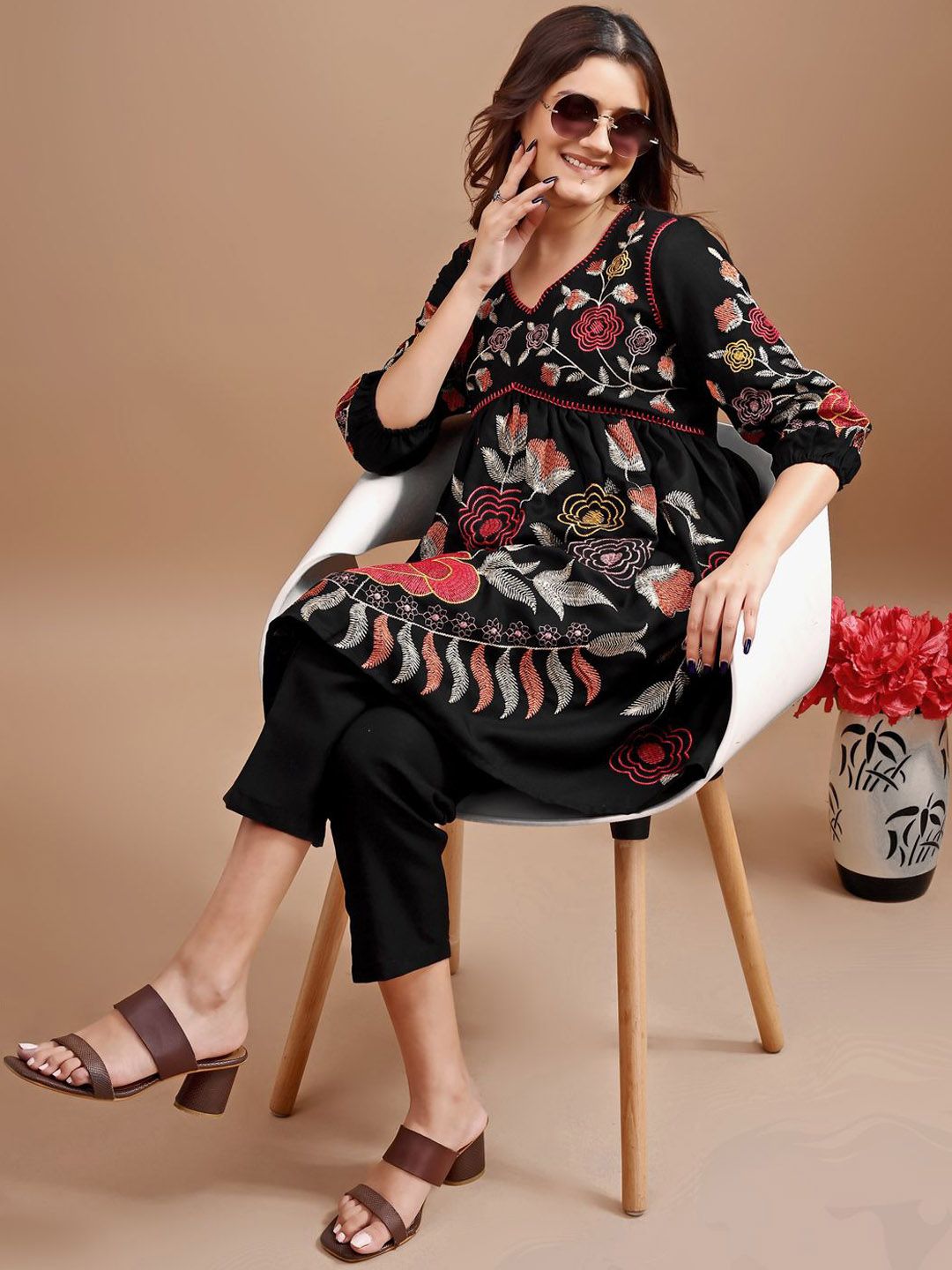 Tikhi Imli Floral Embroidered V-Neck Tunic With Trousers