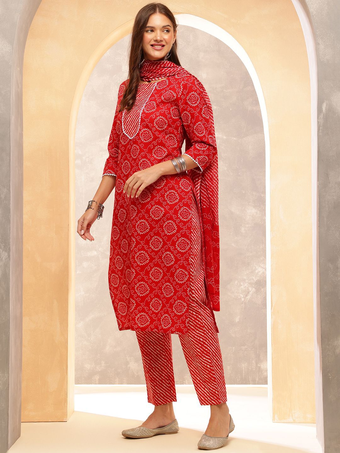 Anouk Women Ethnic Motifs Printed Regular Gotta Patti Pure Cotton Kurta with Trousers & With Dupatta