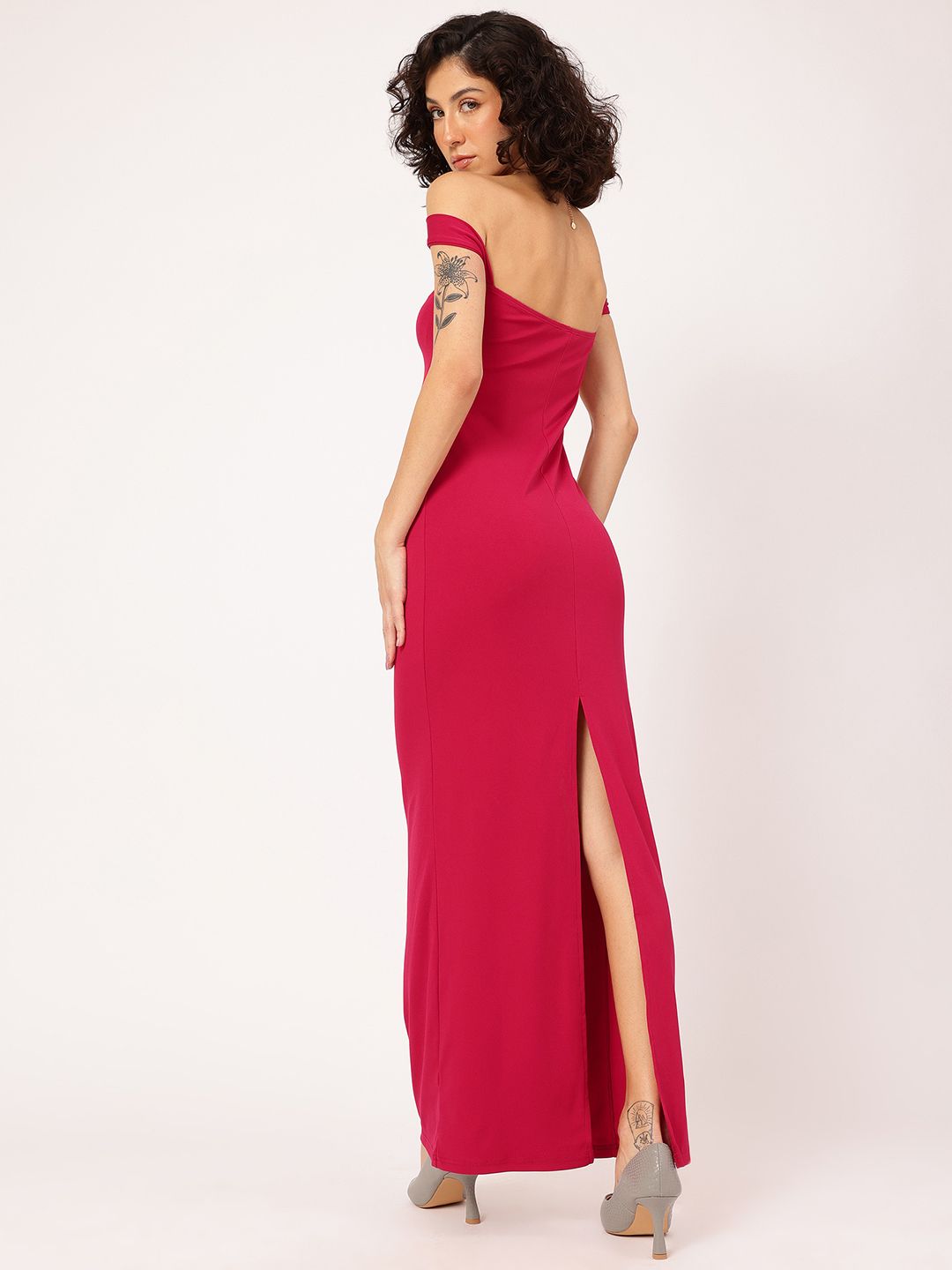 DressBerry Glamour Glint Off-Shoulder Maxi Sheath Dress with Back Slit