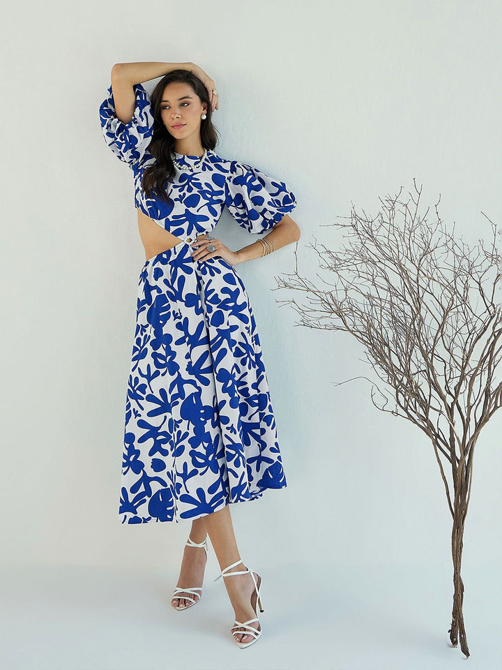 Pink Paprika by SASSAFRAS Women's Floral Print Fit & Flare Side Cut Out Midi Dress
