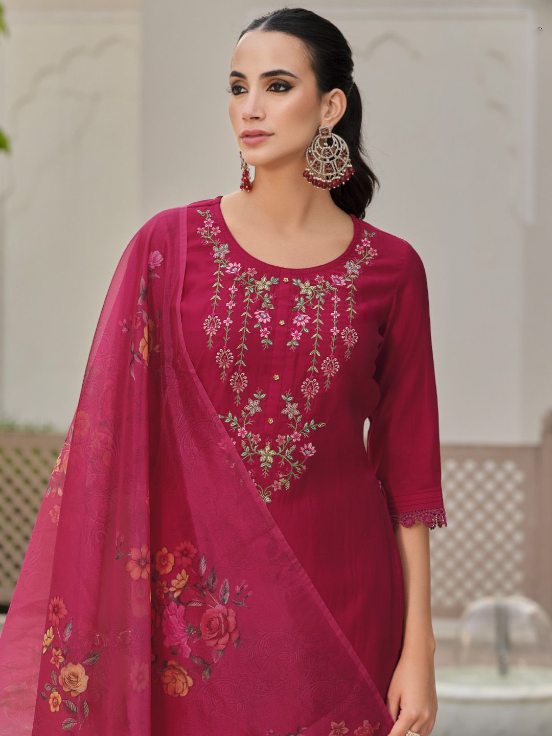 Varanga Floral Embroidered Thread Work Straight Kurta With Trousers And Dupatta