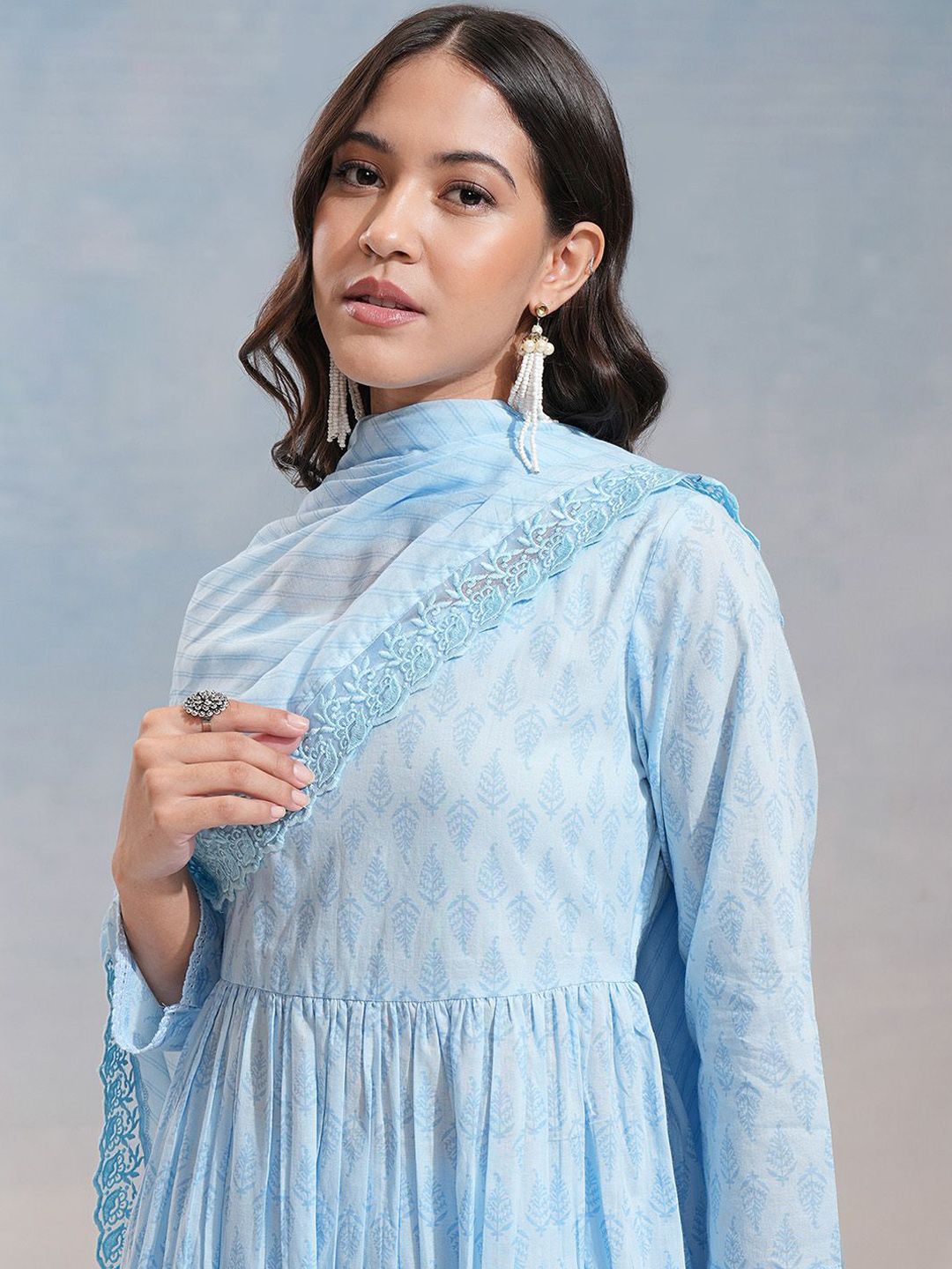 Vishudh Ethnic Motifs Printed Regular Pure Cotton Anarkali Kurta with Trousers & Dupatta