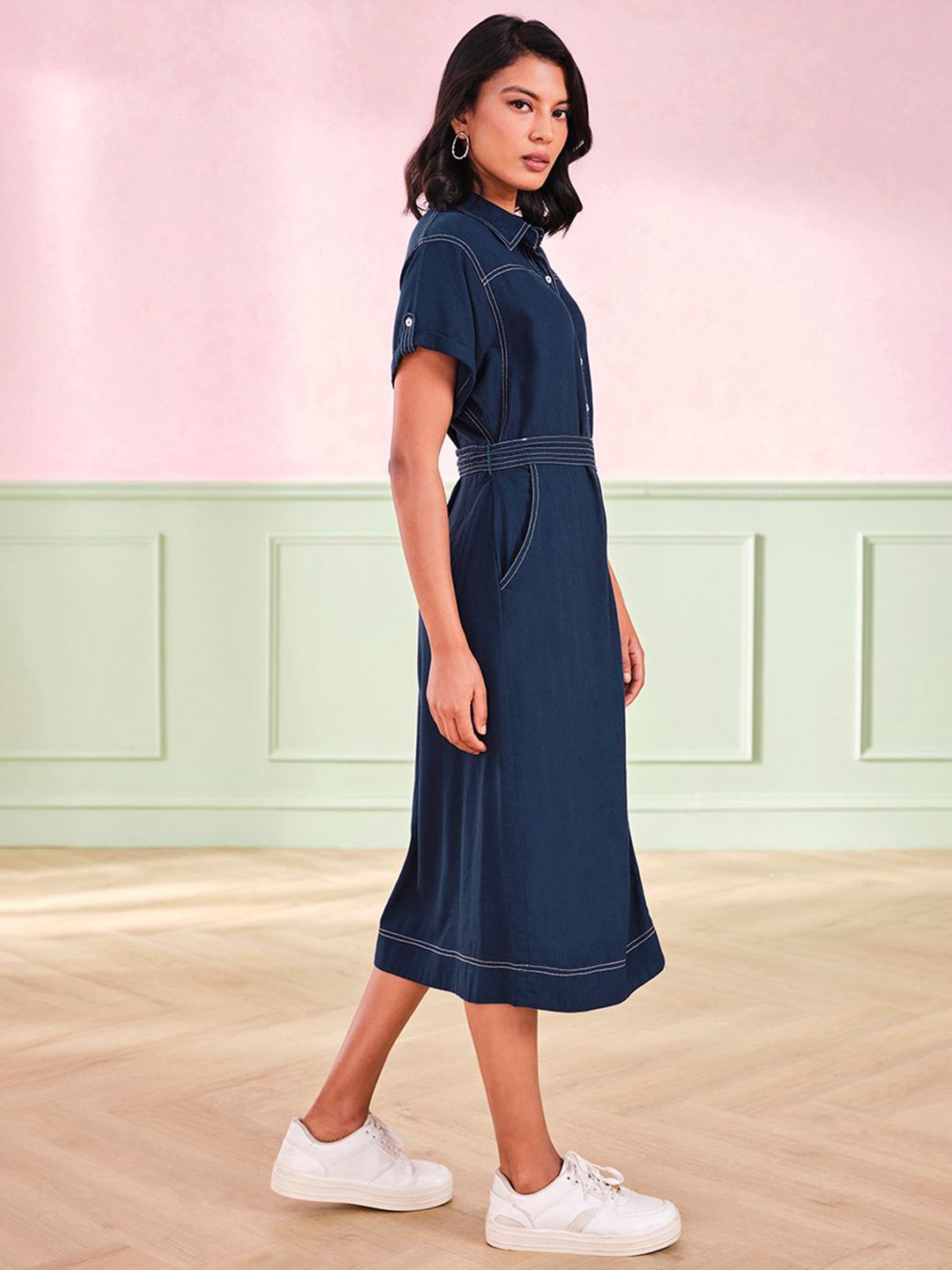 AND Women Solid Denim Midi Dress