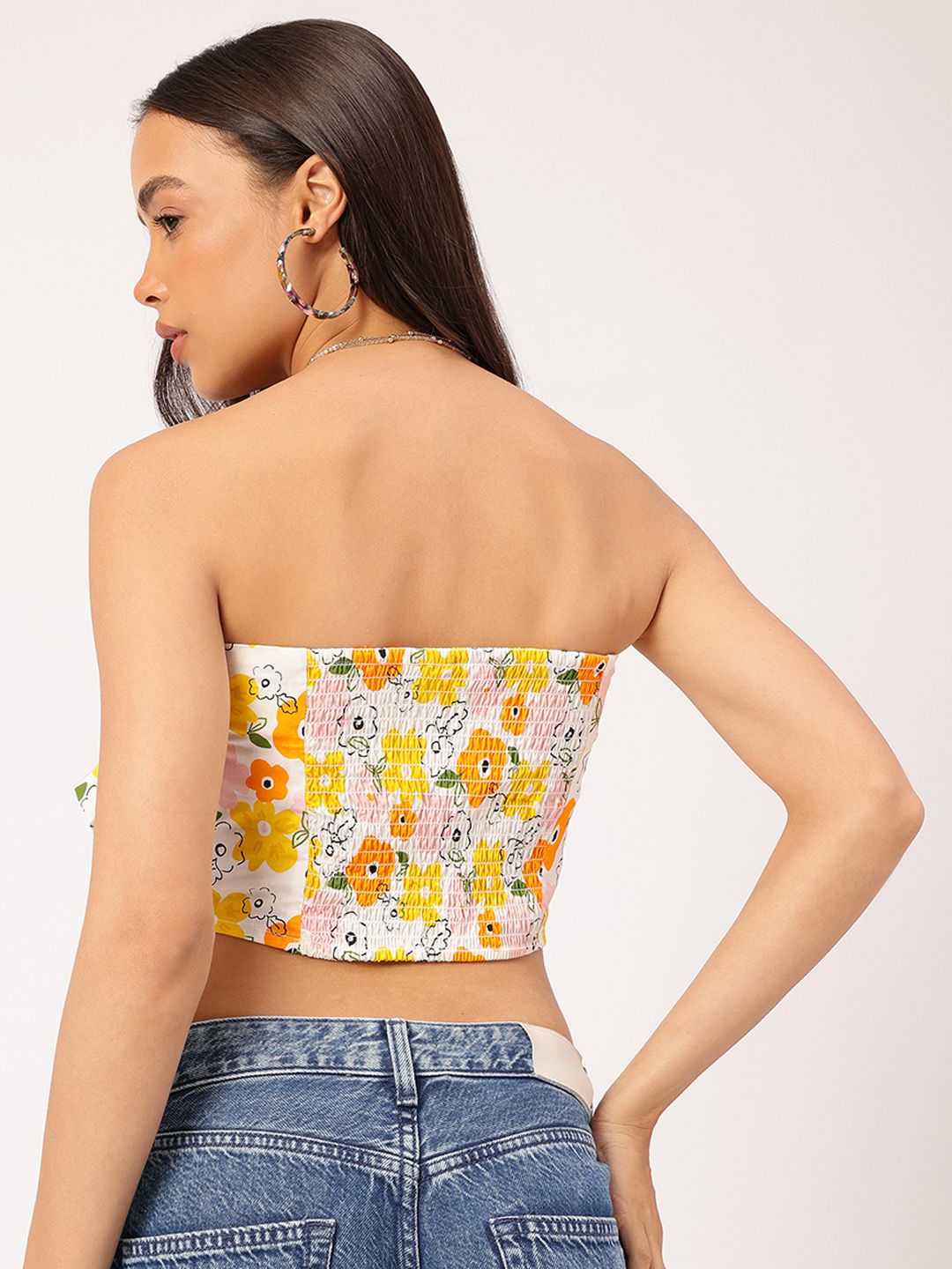DressBerry Floral Frenzy Bow-Front Smocked Tube Crop Top