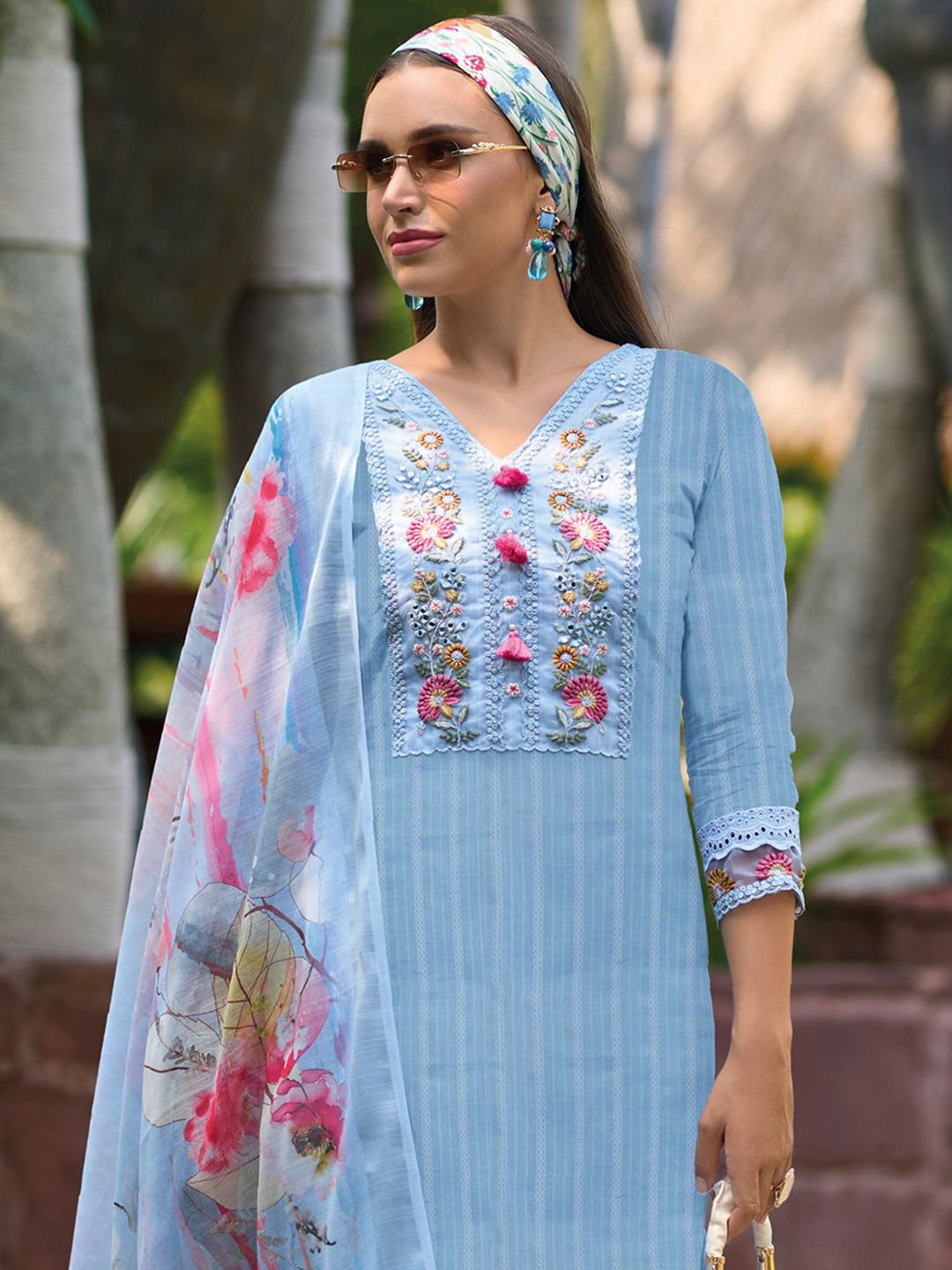 Indo Era Floral Embroidered Pure Cotton Kurta With Trousers & Dupatta