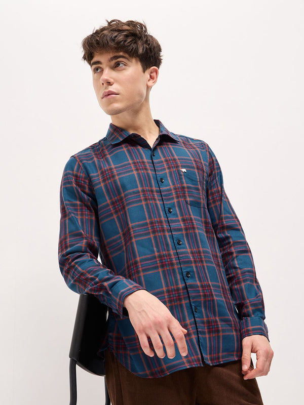 THE BEAR HOUSE Men Spread Collar Tartan Checked Cotton Slim Fit Shirt