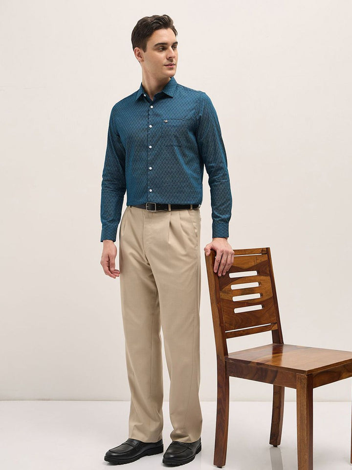 THE BEAR HOUSE Tailored Fit Geometric Printed Pure Cotton Formal Shirt