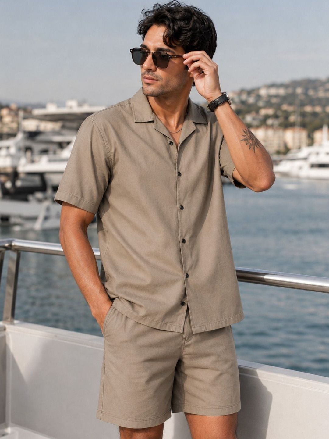 Eszett Olive Pure Cotton Shirt Collar With Shorts Co-Ord Set