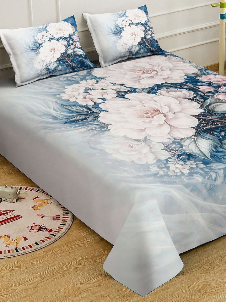 Myntra Elegant Homes Blue Floral 300 TC Cadar Katil King dengan 2 Sarung Bantal