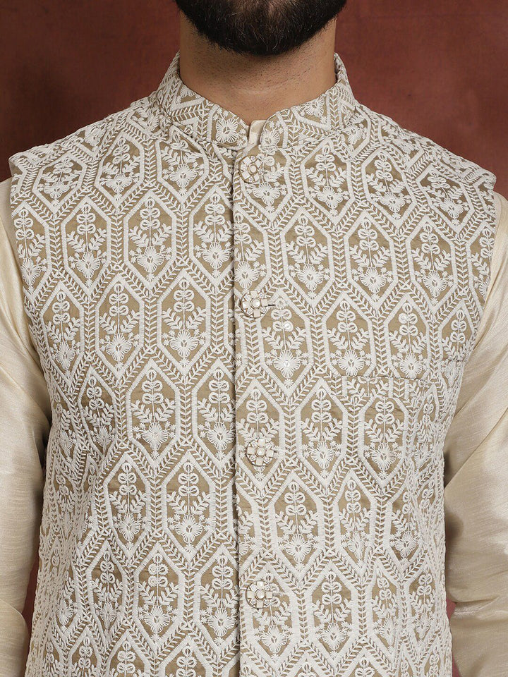 Anouk Men Geometric Embroidered Thread Work Straight Kurta With Churidar & Nehru Jacket