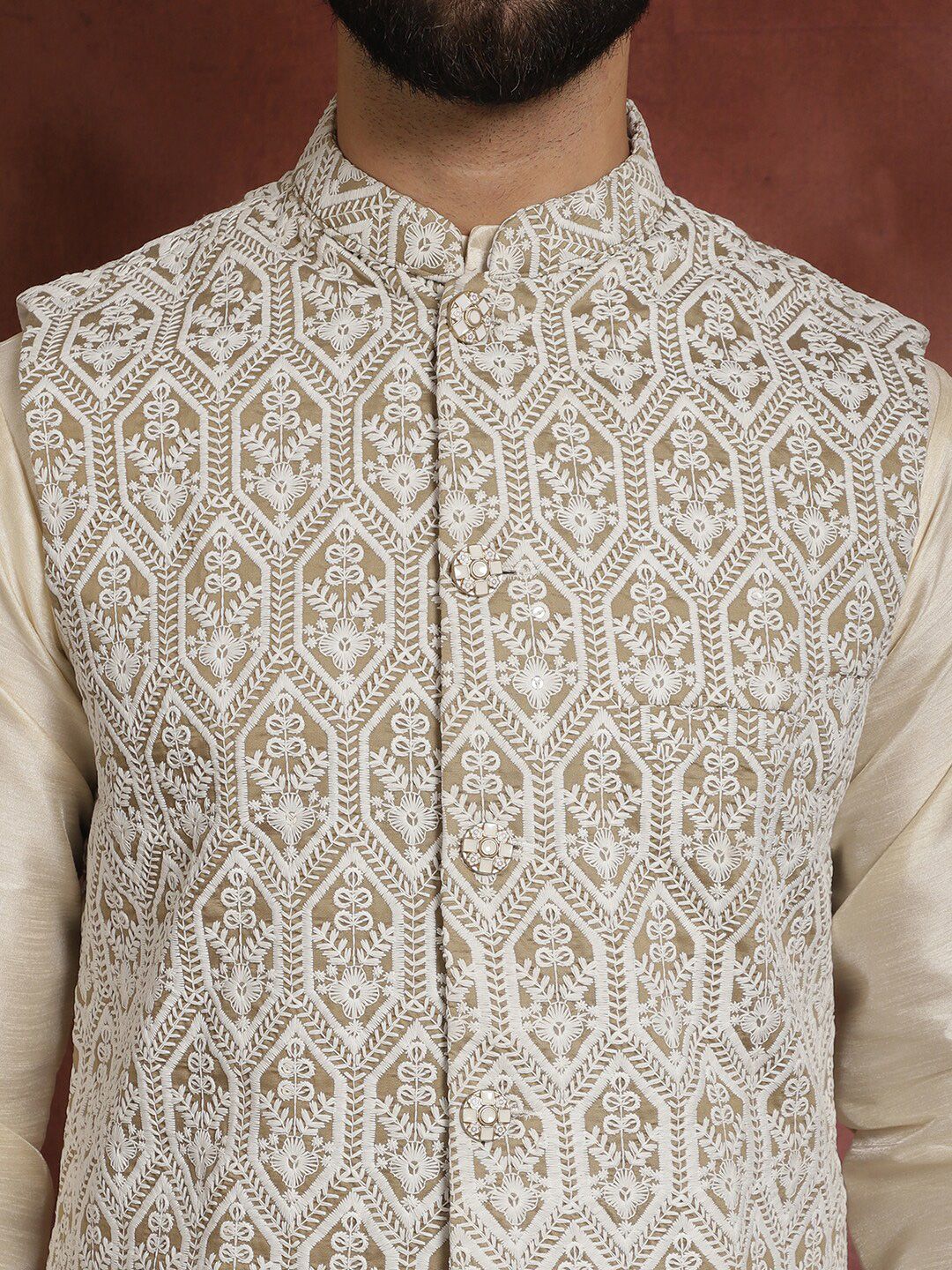 Anouk Men Geometric Embroidered Thread Work Straight Kurta With Churidar & Nehru Jacket