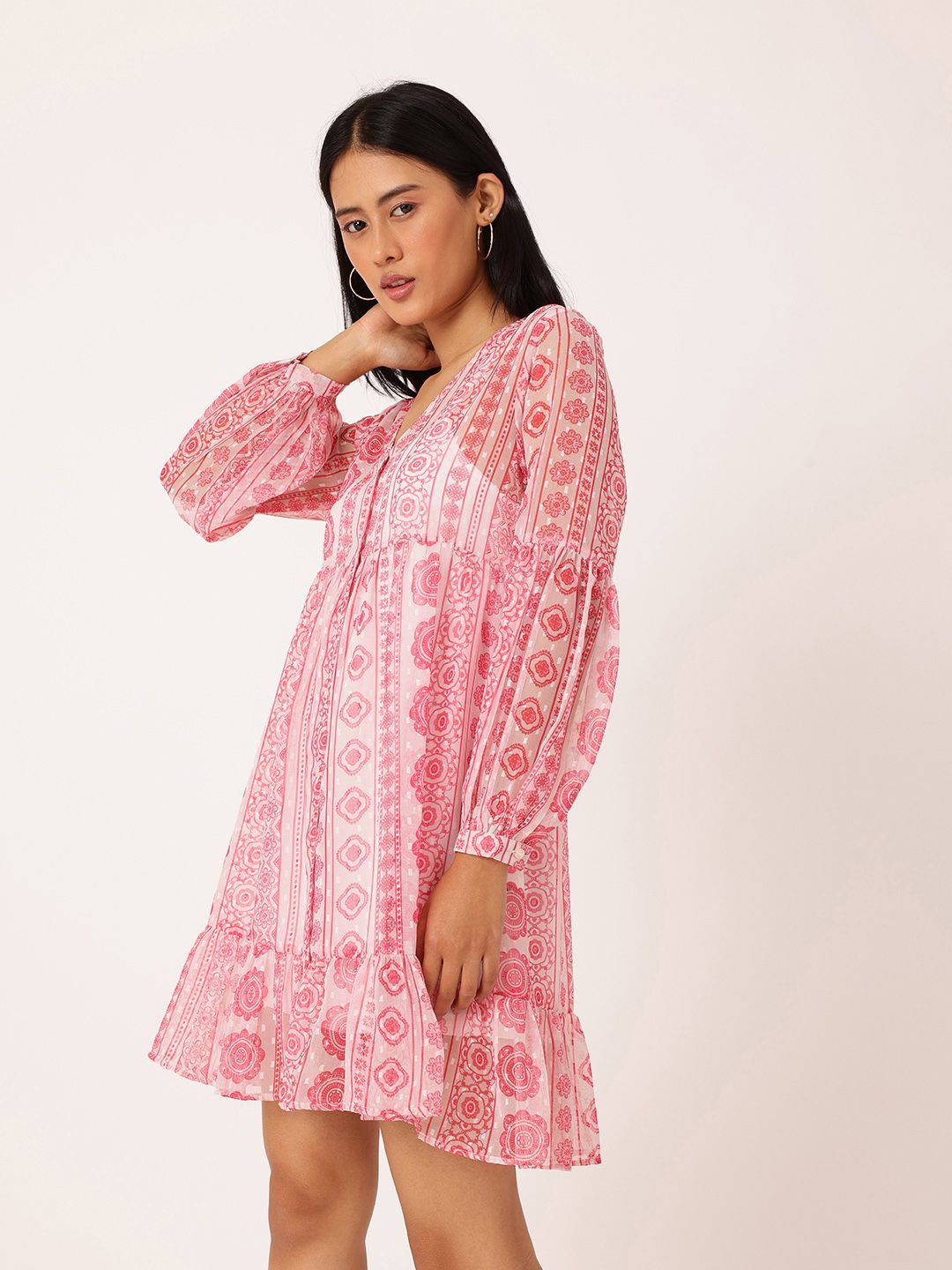 DressBerry Printed A-Line Dobby Dress With A Inner Slip