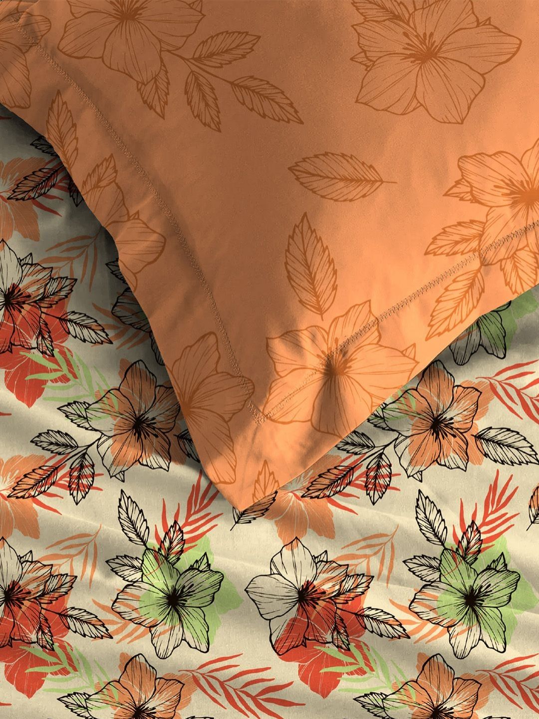 MYTRIDENT Flora Orange Moments Flat 120TC Queen Pure Cotton 1 Bedsheet with 2 Pillow Covers
