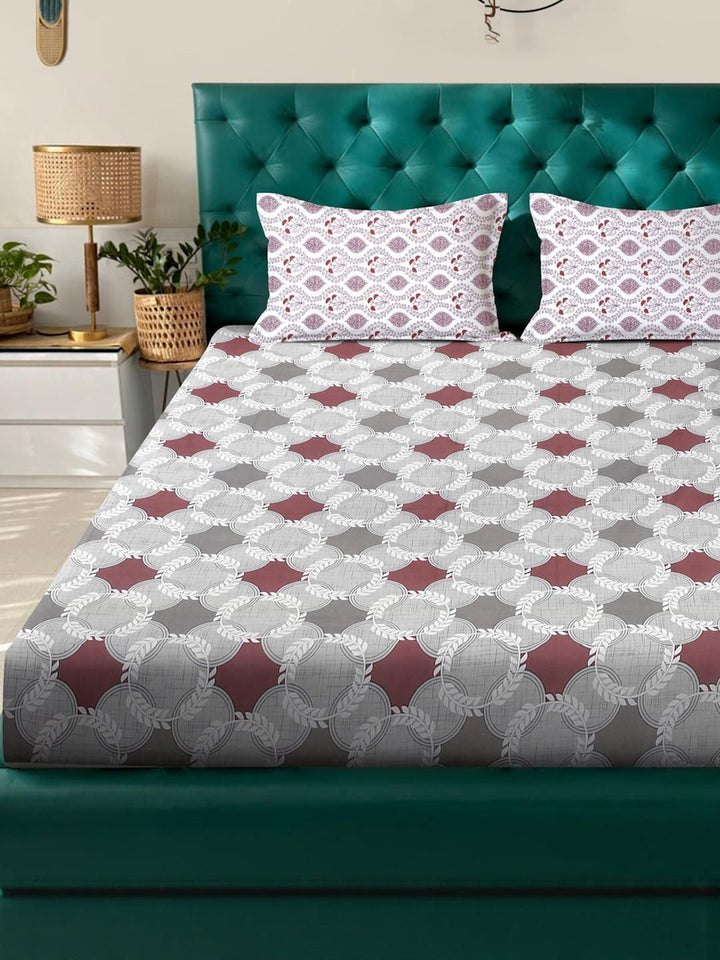 KLOTTHE Grey Geometric 400 TC King Bedsheet with 2 Pillow Covers