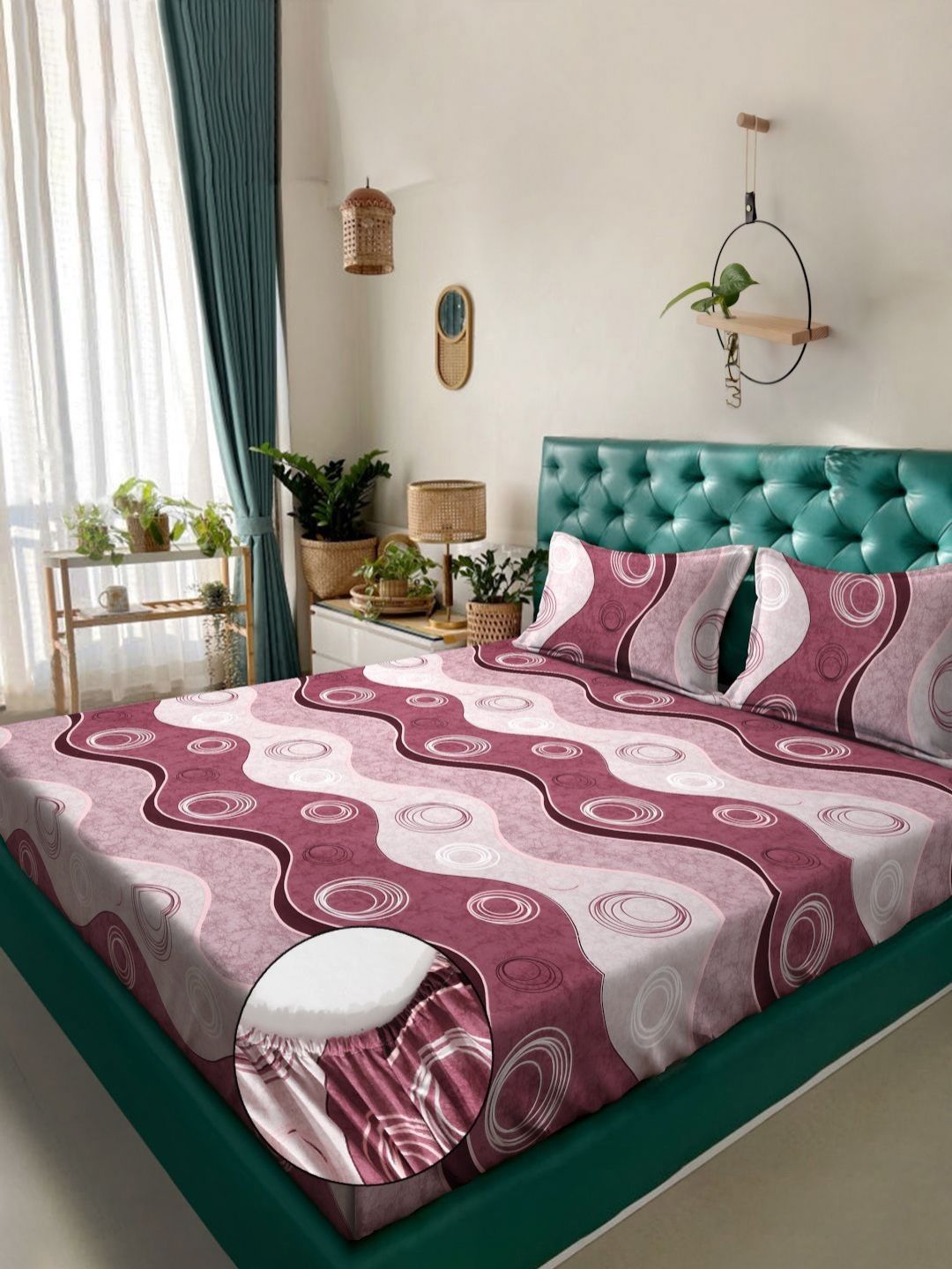 KLOTTHE Purple Geometric Printed Dilengkapi 300 TC Double King Cadar Dengan 2 Sarung Bantal
