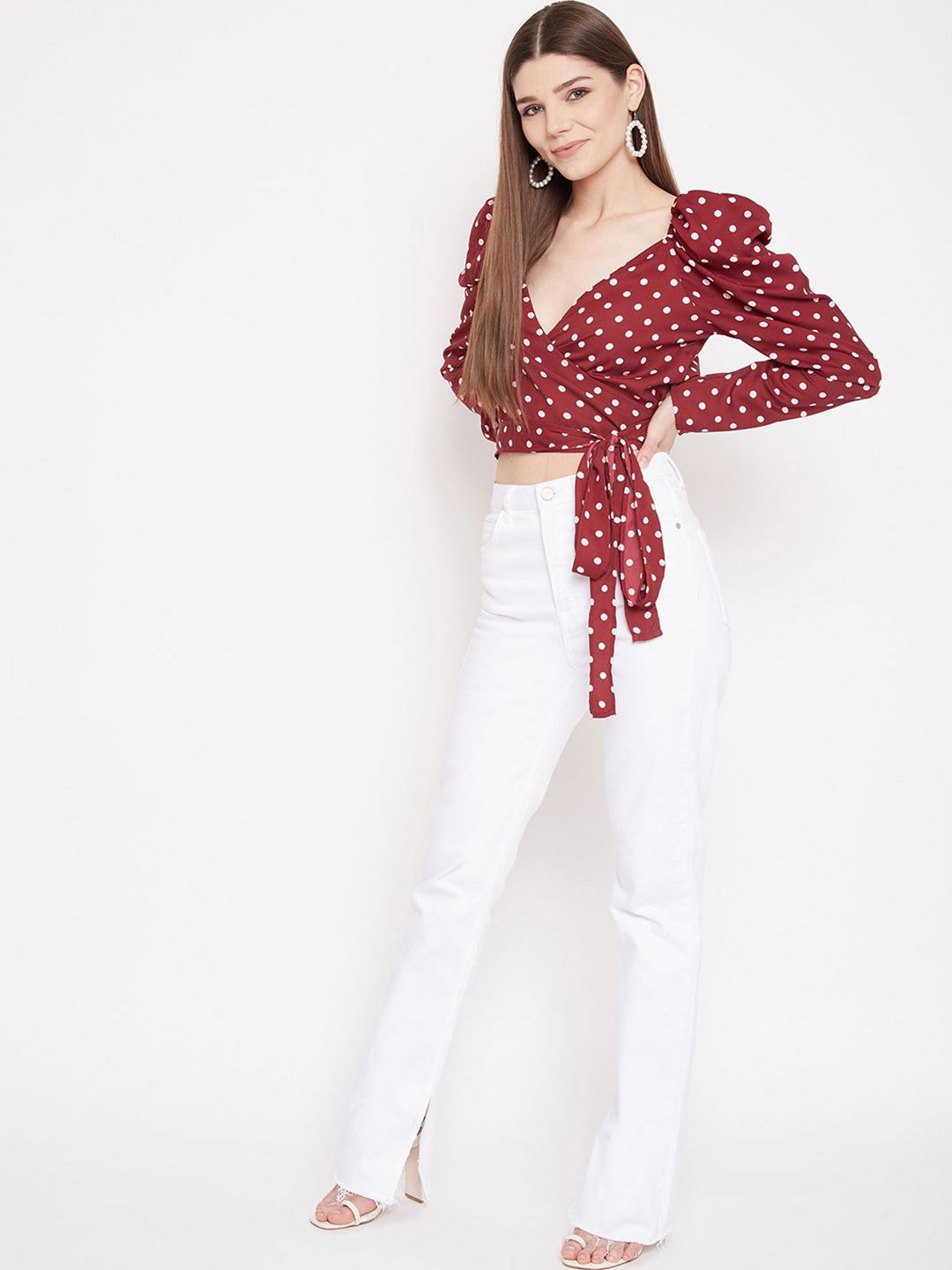 Berrylush Polka Dot Print Puff Sleeve Wrap Crop Top