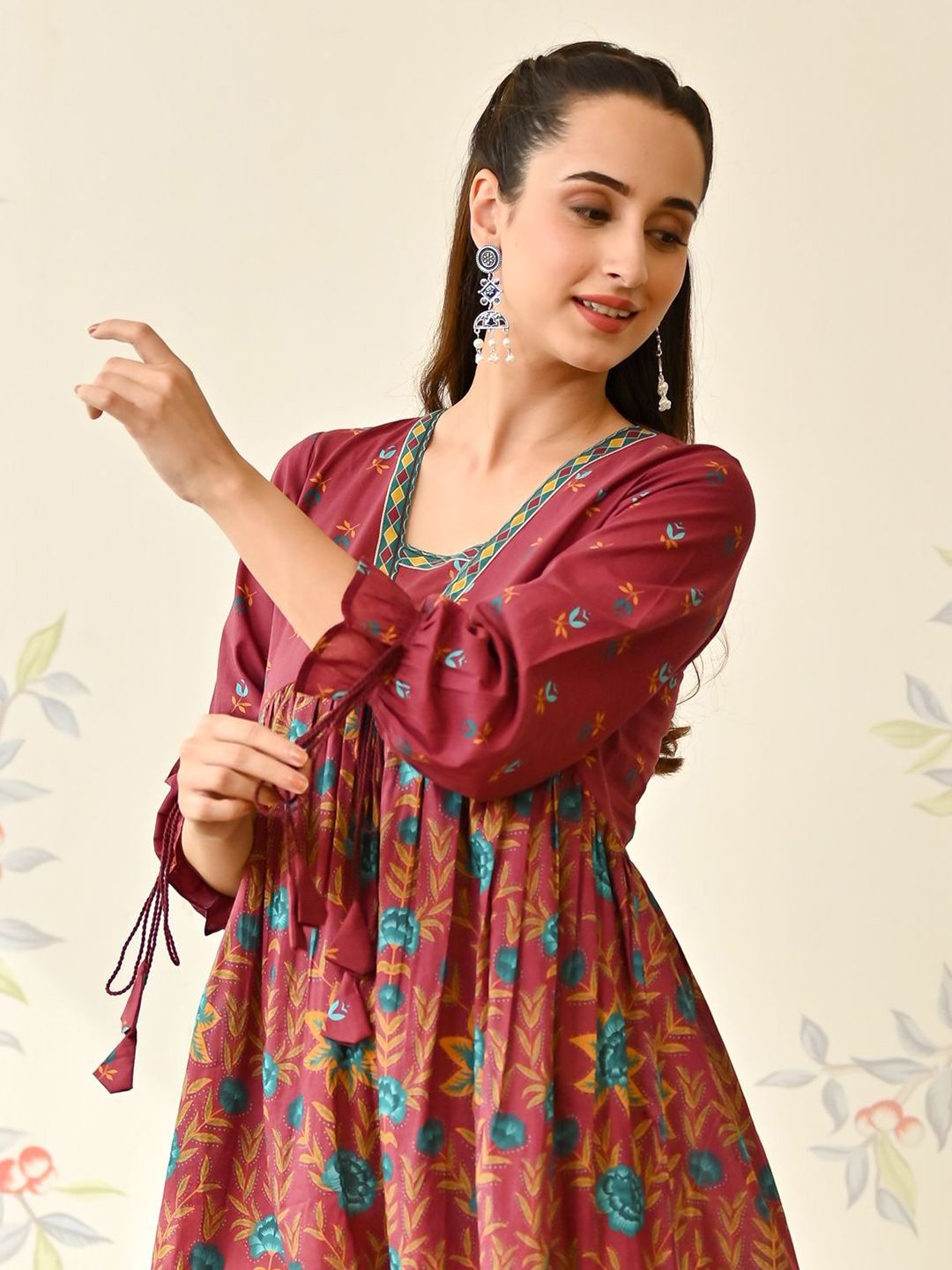 Rustorange Women Floral Printed Round Neck Cotton Empire Maxi Dress