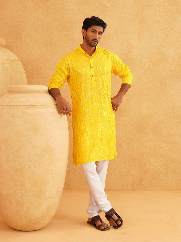 SOJANYA Leheriya Sequinned Band Collar Pure Cotton Straight Kurta With Churidar