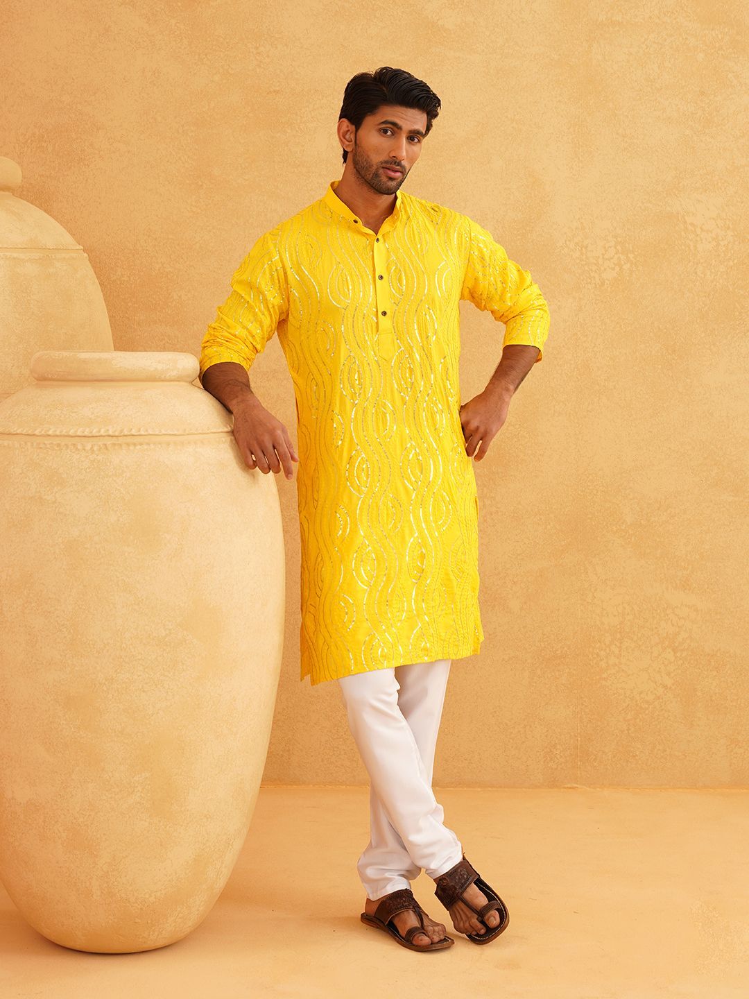 SOJANYA Leheriya Sequinned Band Collar Pure Cotton Straight Kurta With Churidar