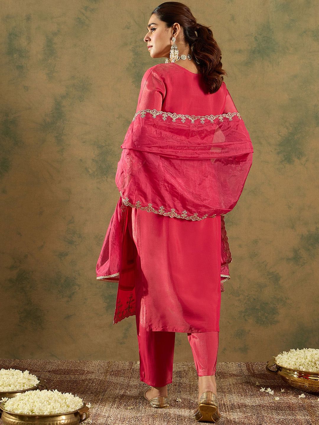 Indo Era Floral Embroidered Kurta With Trousers & Dupatta