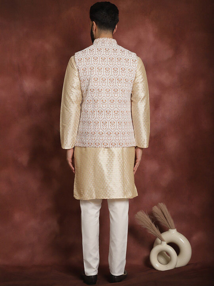Anouk Men Mandarin Collar Geometic Printed Kurta With Pyjama & Embroidered Nehru Jacket