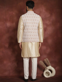 Anouk Men Mandarin Collar Geometic Printed Kurta With Pyjama & Embroidered Nehru Jacket