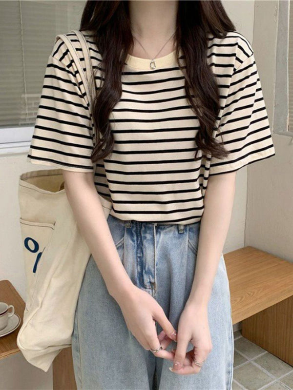 DressBerry Women Striped Drop-Shoulder Sleeves Regular Fit T-shirt