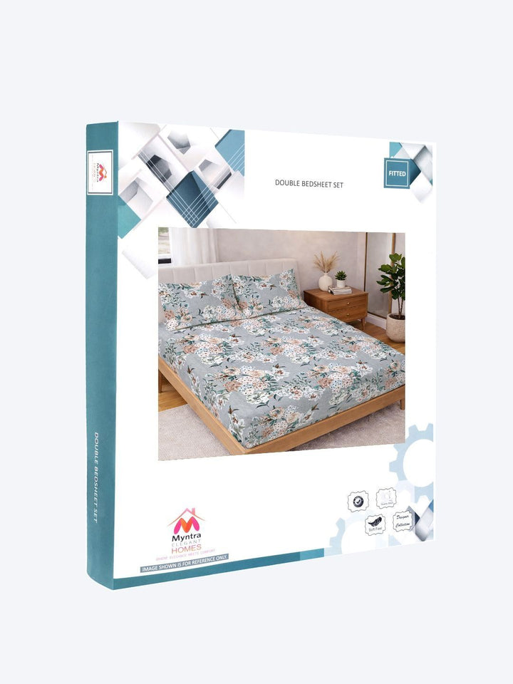 Myntra Elegant Homes Grey & Floral 300 TC King Bedsheet with 2 Pillow Covers