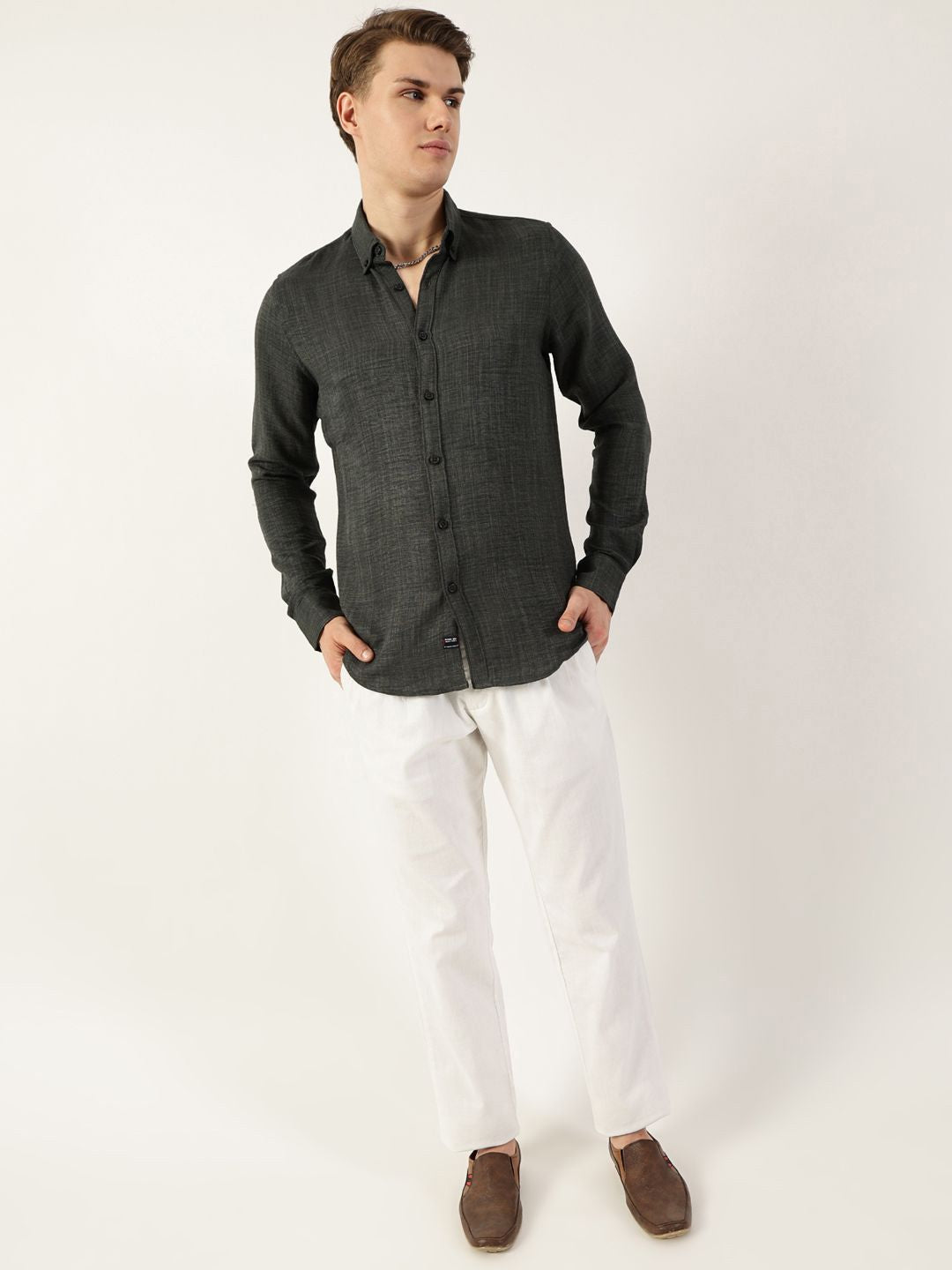 Thomas Scott Men Classic Button-Down Collar Solid Slim Fit Casual Shirt