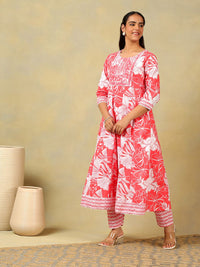 Mamicha Women Floral Printed Regular Mirror Work Pure Cotton Kurta with Trousers & With Dupatta
