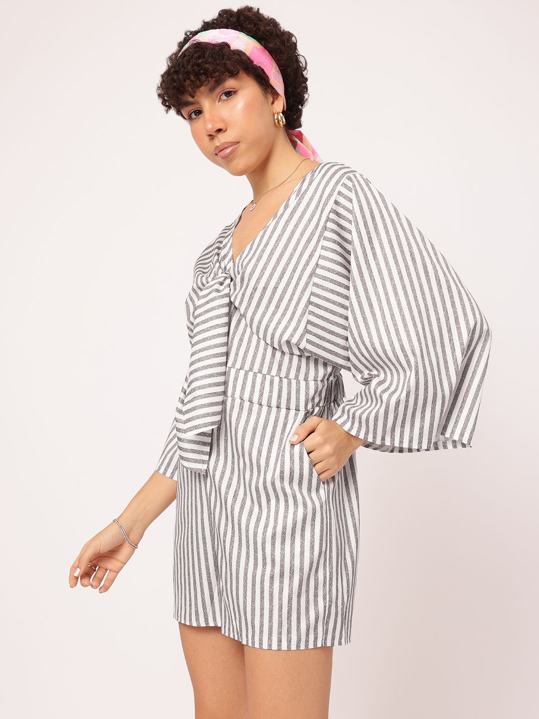 DressBerry Seamlessy Stylish Flared Sleeves Tie-Up Striped Playsuit