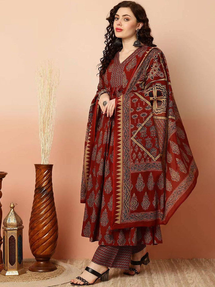 KALINI Ethnic Motifs Printed V-Neck Straight Kurta with Trousers & Dupatta