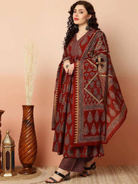 KALINI Ethnic Motifs Printed V-Neck Straight Kurta with Trousers & Dupatta