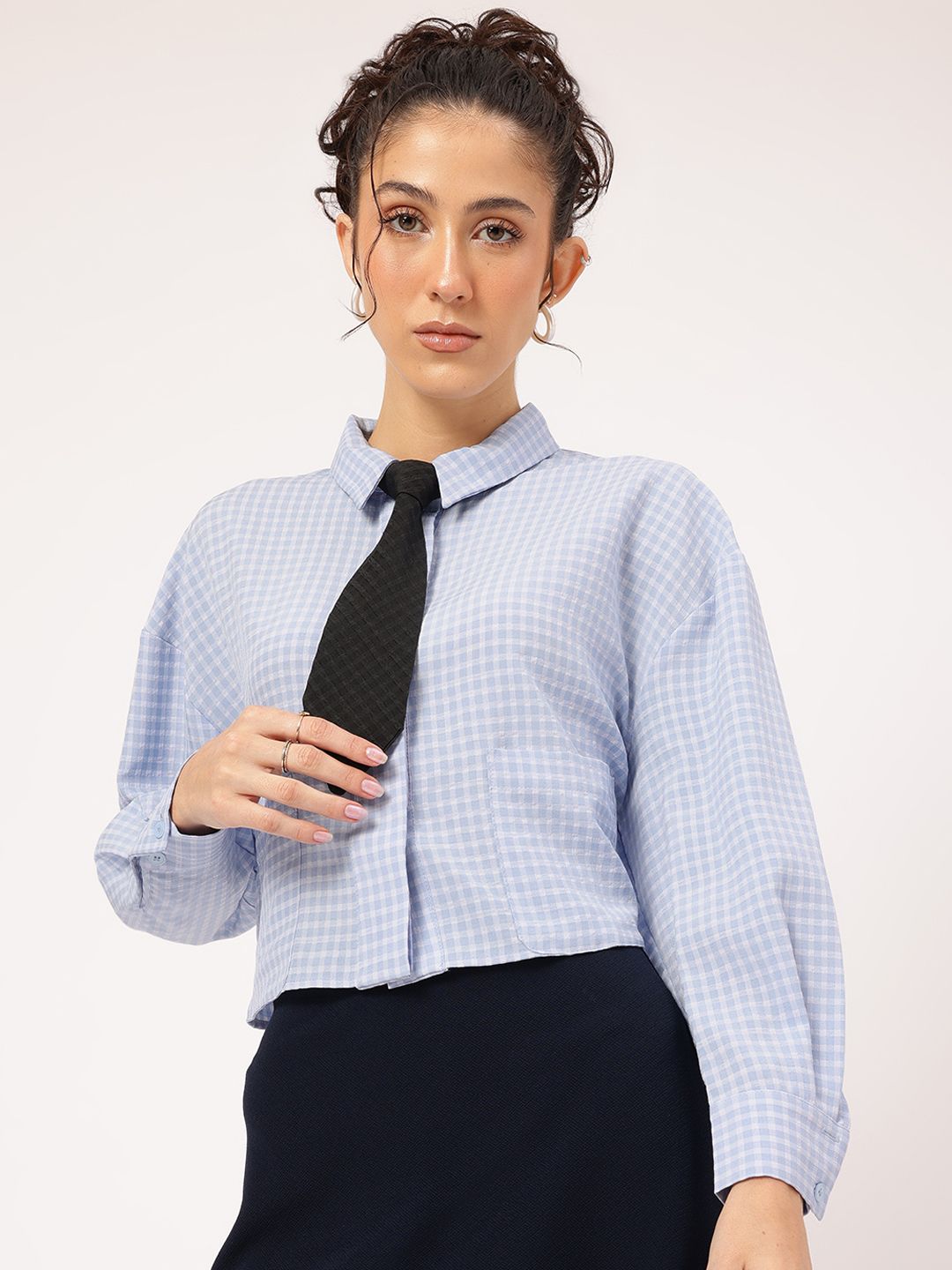 DressBerry Minimal Muse Checked Seersucker Shirt with Tie