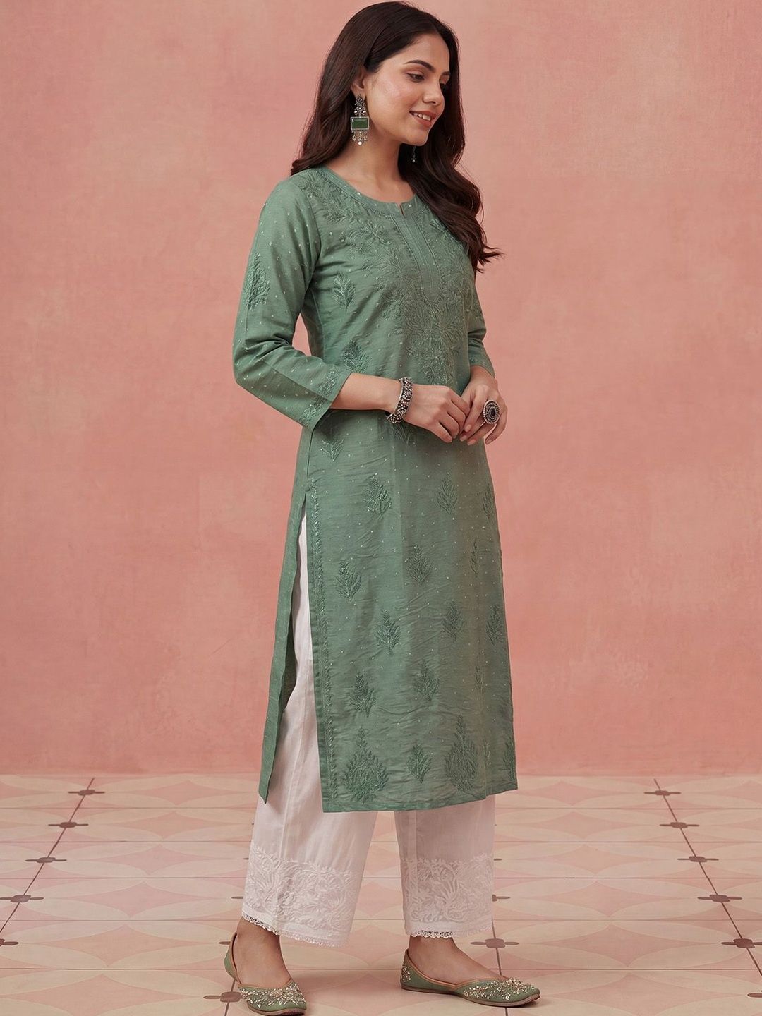 Rumah Wanita Chikankari Motif Etnik Sulam Benang Kerja Kurta Sutera Chanderi