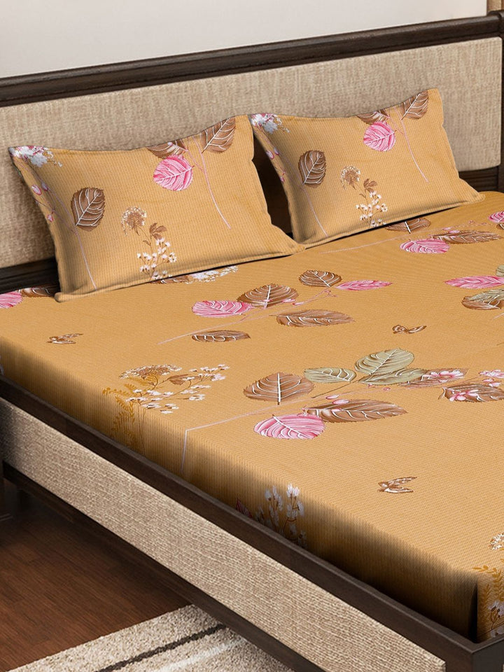 Myntra Elegant Homes Mustard Floral Cotton 400 TC Fitted King Superfine Bedsheet with 2 Pillow Covers-98 x 89 inches