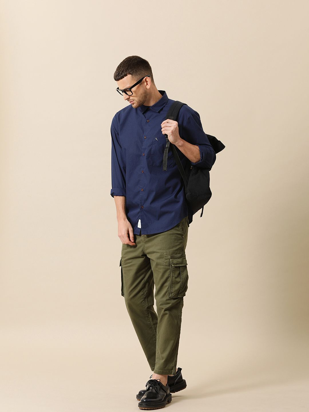 Mr Bowerbird Men Navy Blue Solid Tailored Fit Casual Shirt
