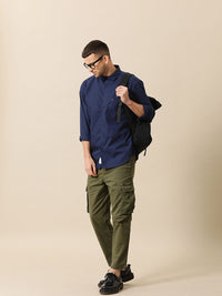 Mr Bowerbird Men Navy Blue Solid Tailored Fit Casual Shirt