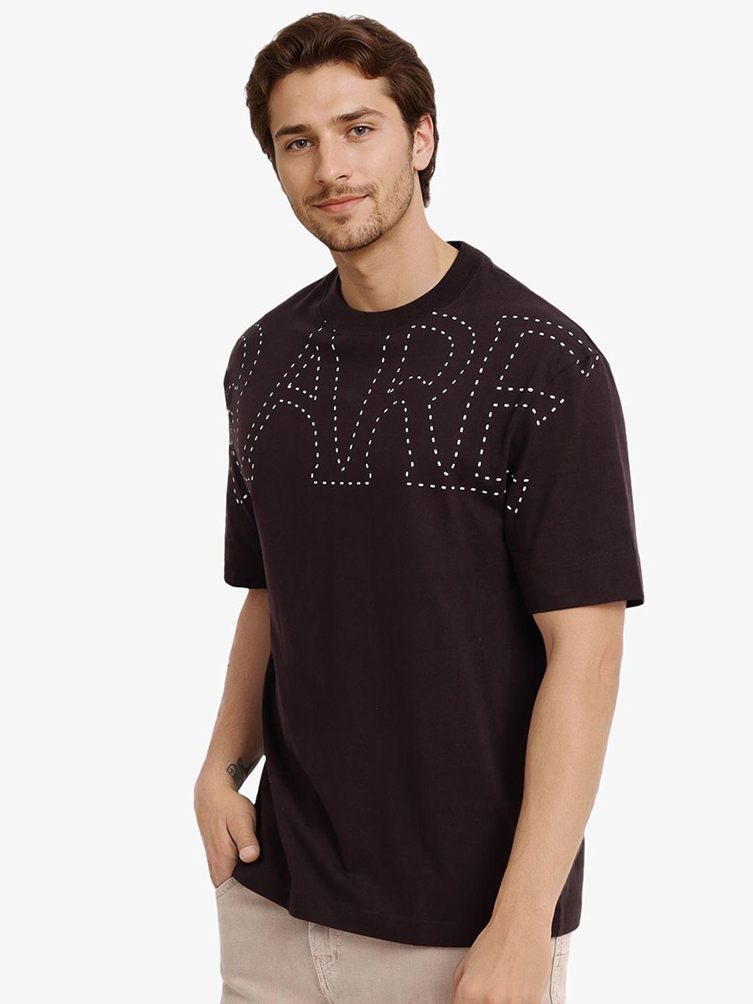 RARE RABBIT Men Typography Printed Round Neck Cotton Oversized T-shirt