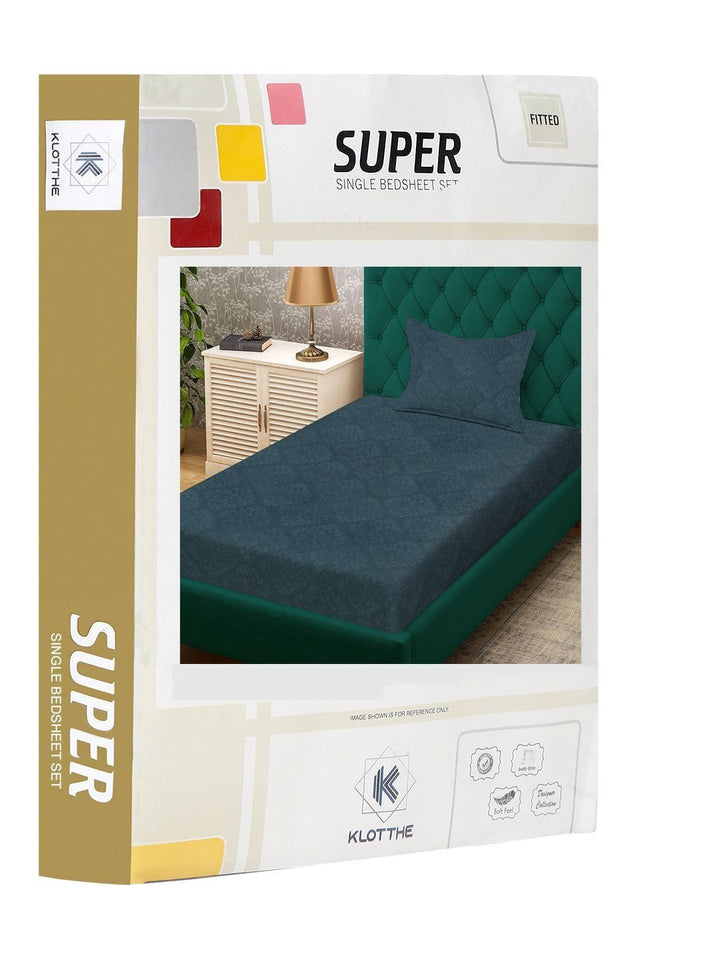 KLOTTHE Blue Embossed Fitted 300 TC Single Bedsheet With Pillow Cover- 2.25 m x 1.5 m