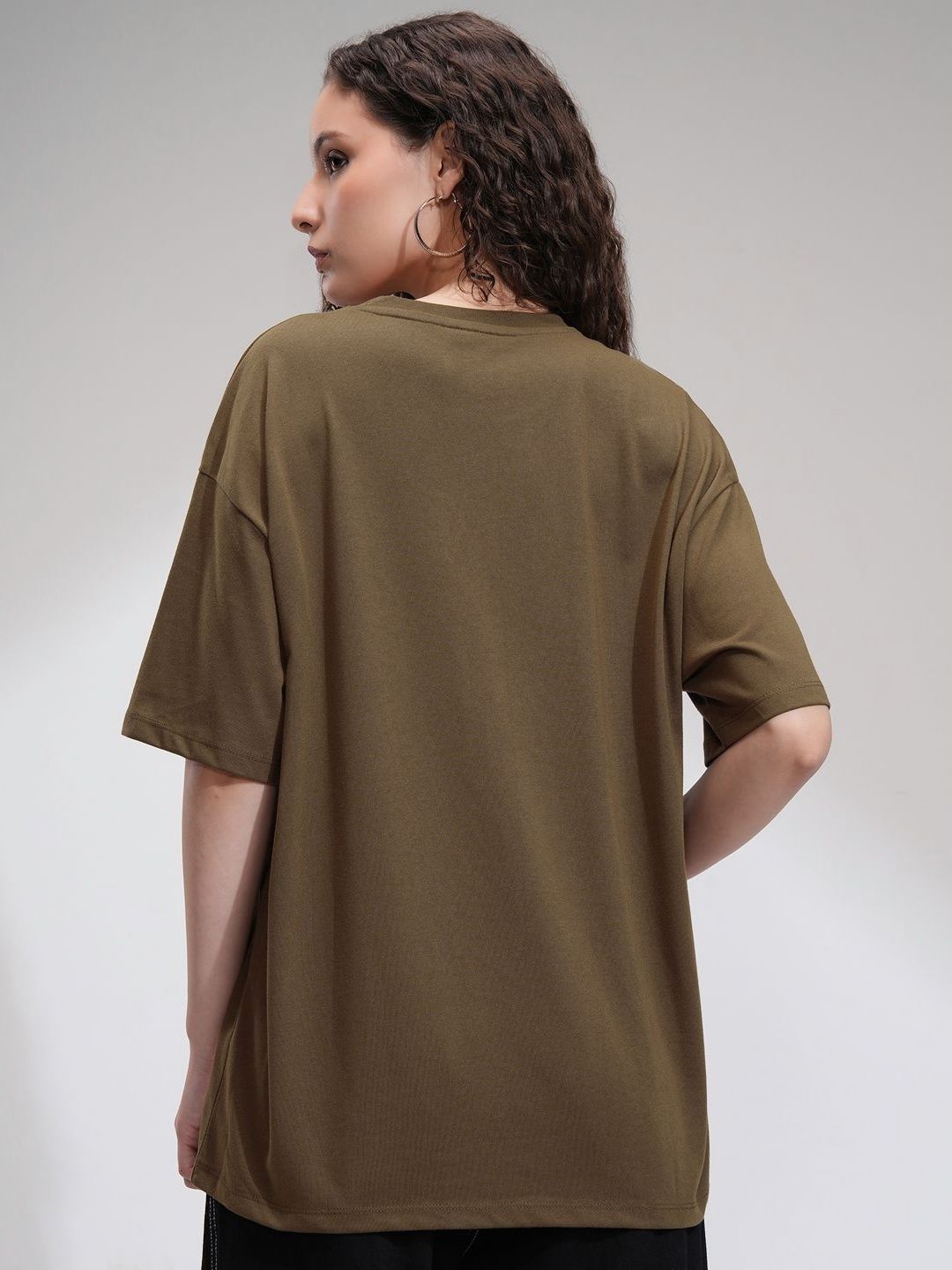 Street By Tokyo Talkies Women Solid Oversized Fit Chest and Back Print T-Shirt
