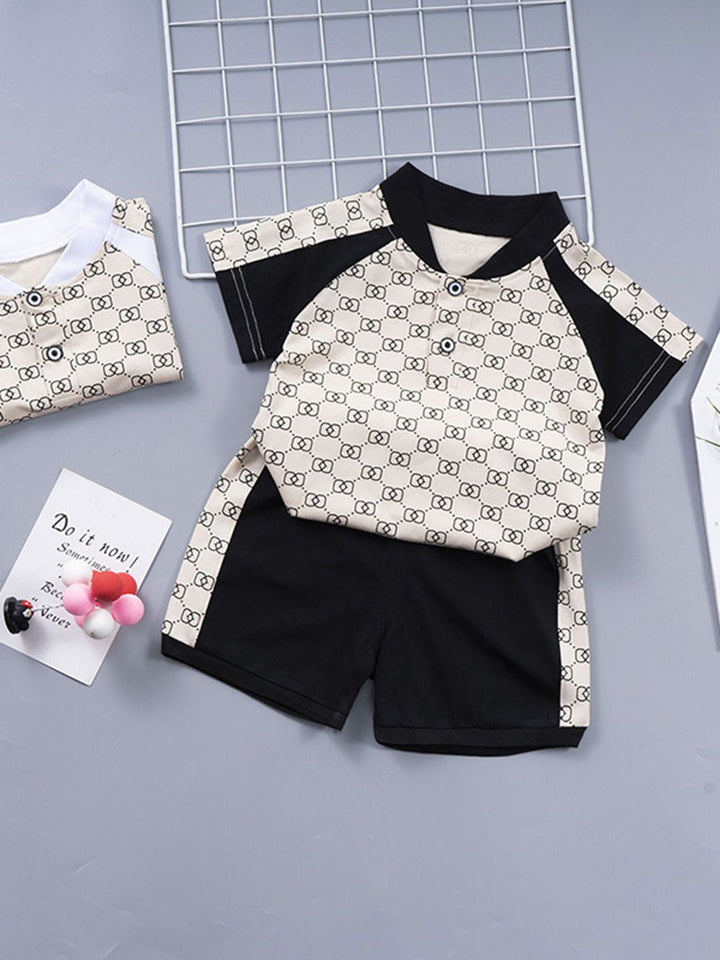 YK Boys Printed Mandarin Collar T-Shirt With Shorts