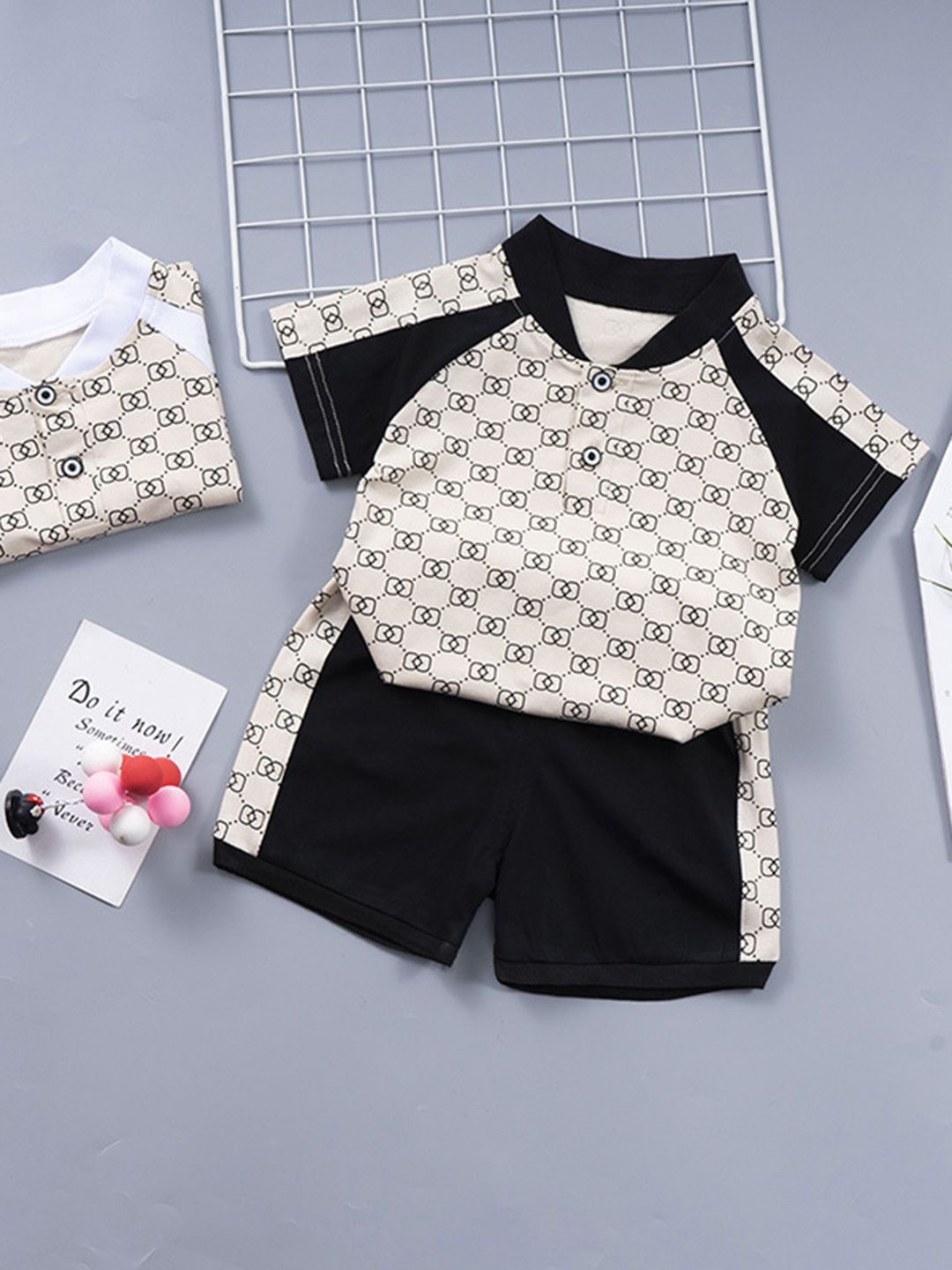 YK Boys Printed Mandarin Collar T-Shirt With Shorts