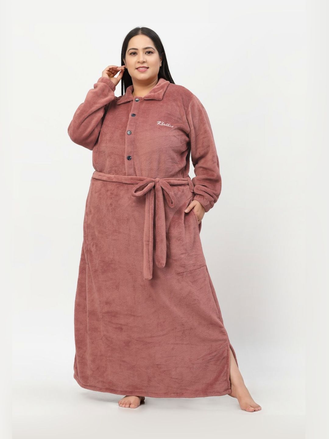 KLOTTHE Plus Size Rust Shirt Collar Woolen Bath Robe With Belt