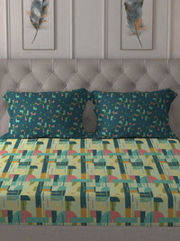 MYTRIDENT Dusk and Dawn Blue & Green Abstract Cotton Queen Bedsheet with 2 Pillow Covers